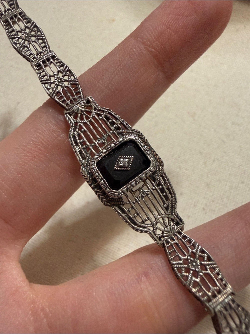 Vintage Antique Sterling Silver Filigree Bracelet W/Diamond & Black Dial 7.5’ - Picture 10 of 11
